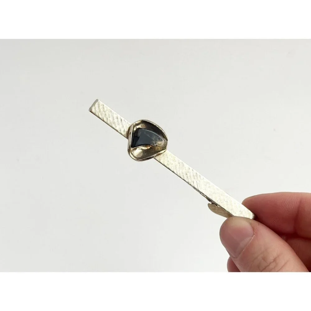Faux Amber Textured Gold Toned Vintage Men's Tie Bar | Tie Clip